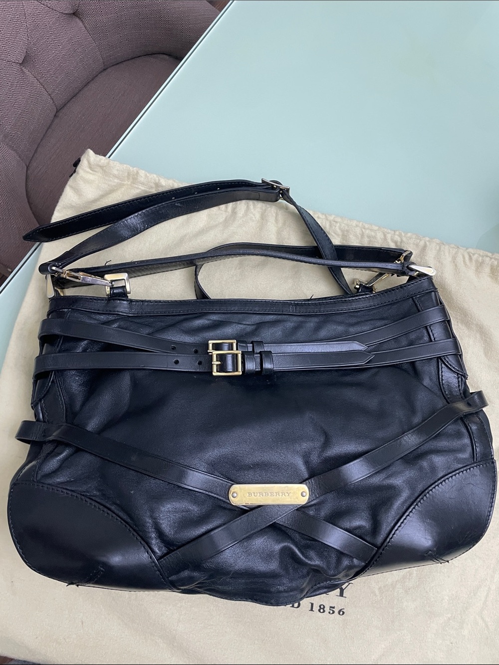 Burberry Black Leather Shoulder Bag with Gold Plaque